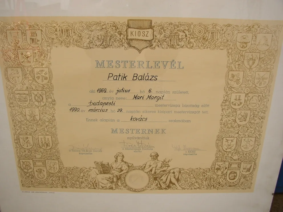 Kovács mesterlevél